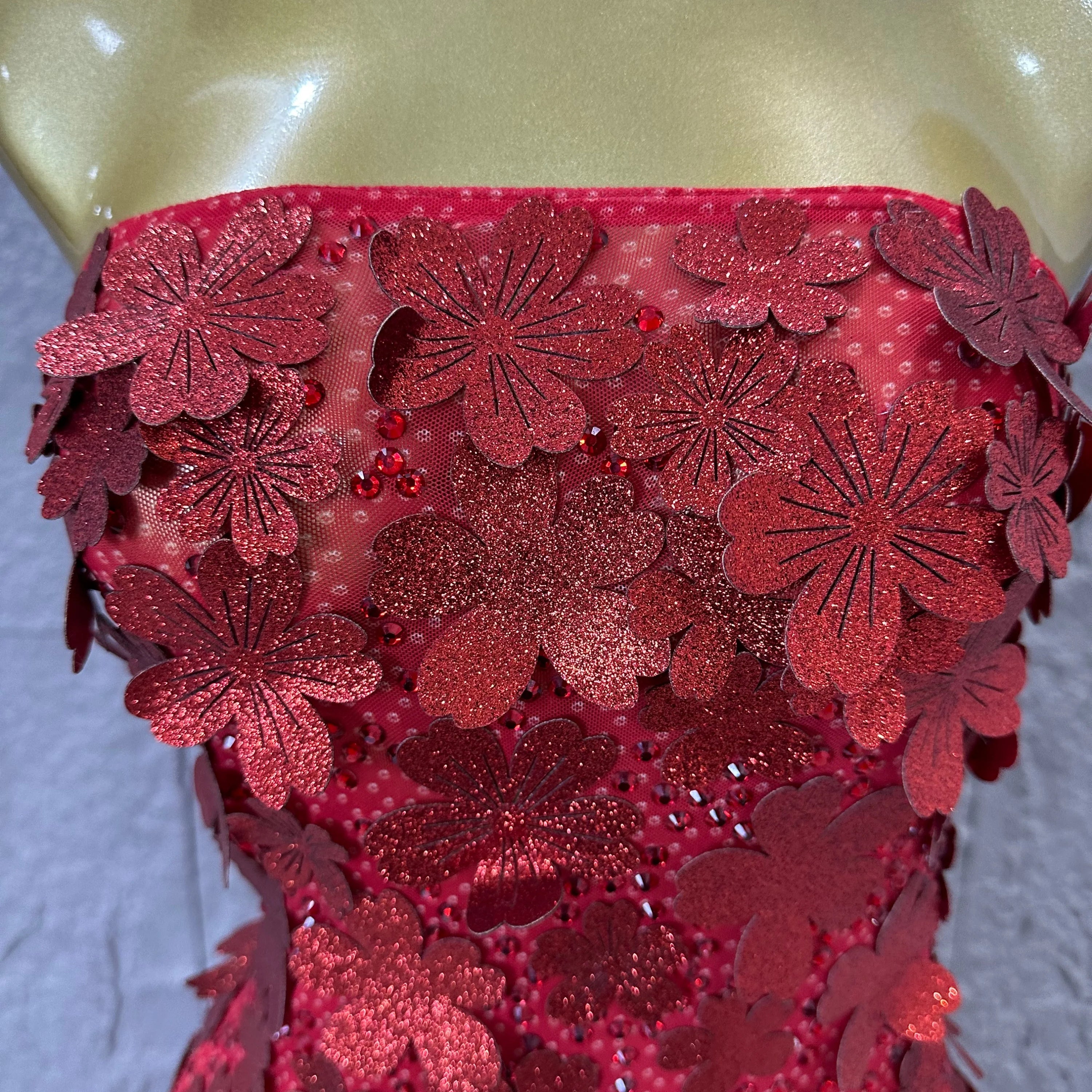 Sparkly Women Sexy Strapless Slim-fit 3D Flower Evening Gala Party Nightclub Cocktail Party Stage Performance Costume