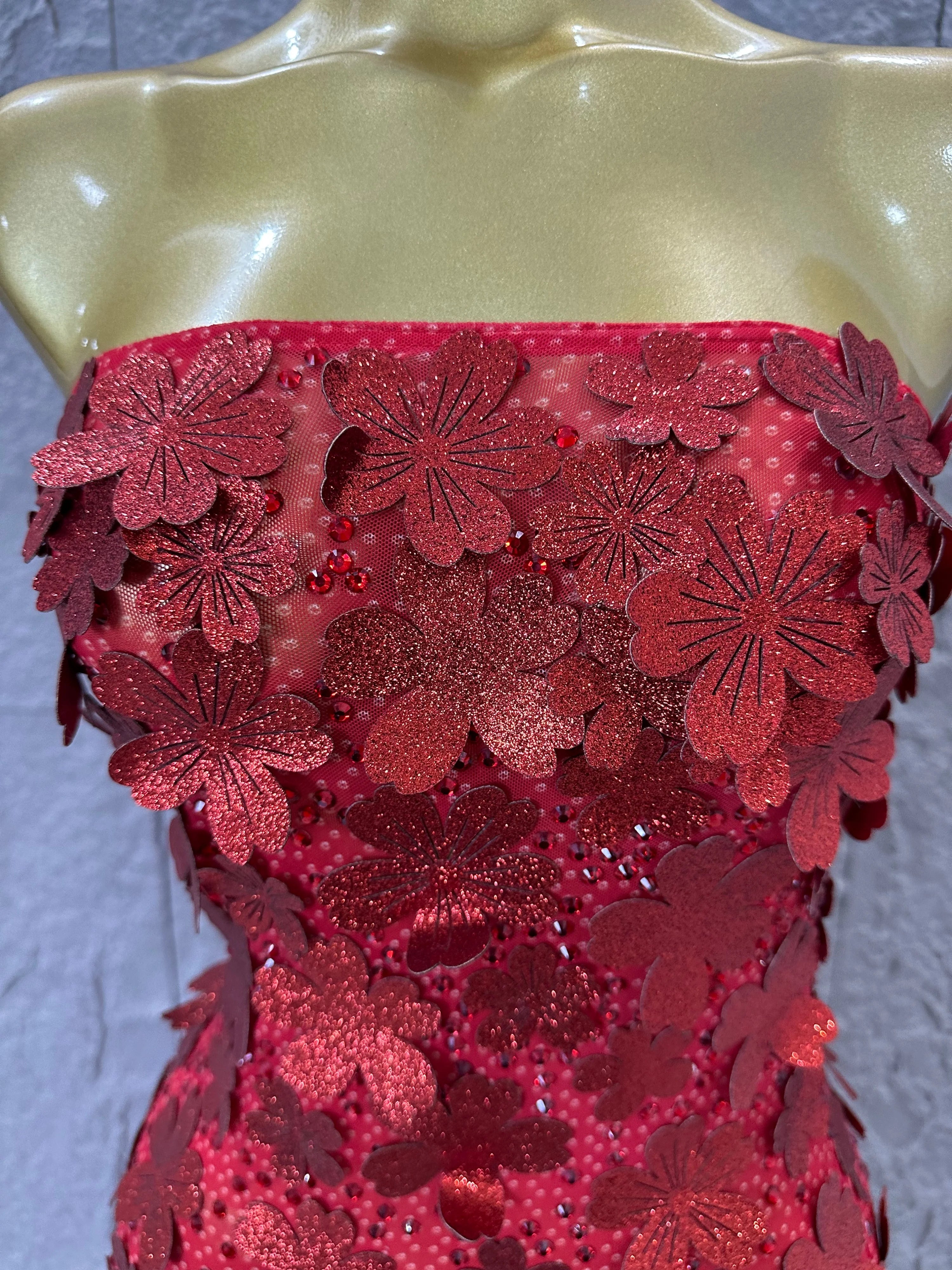 Sparkly Women Sexy Strapless Slim-fit 3D Flower Evening Gala Party Nightclub Cocktail Party Stage Performance Costume