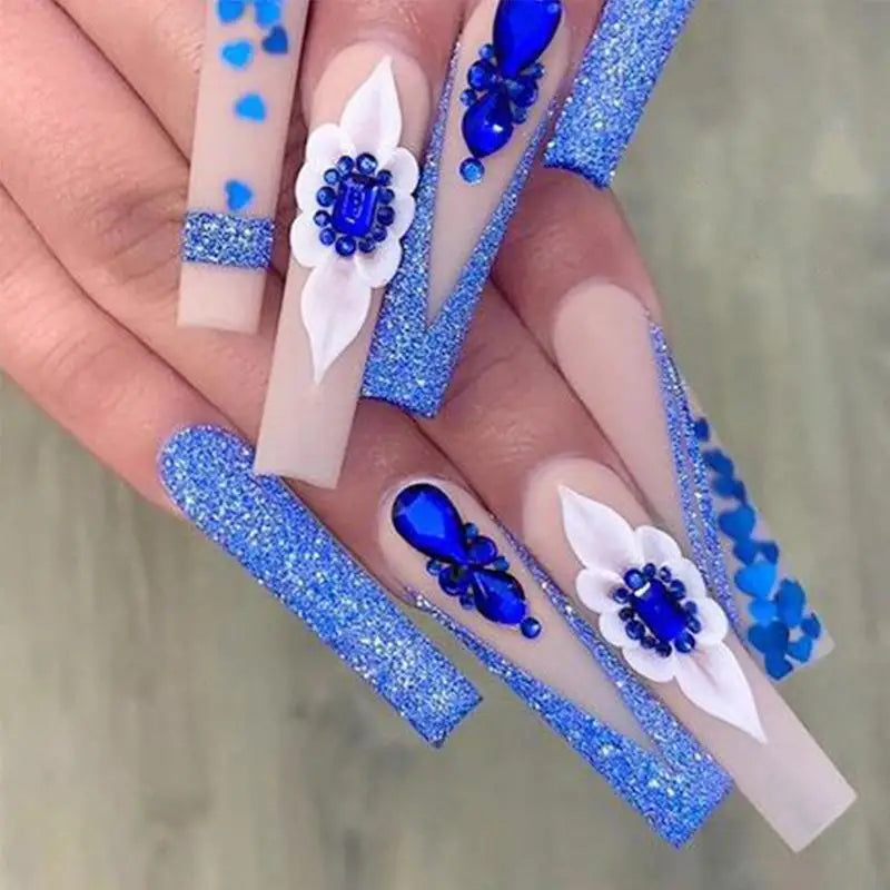 24Pcs Glitter Long Coffin French False Nails with Blue Rhinestone Design Removable Wearable Ballet Press on Nails Manicure 1543