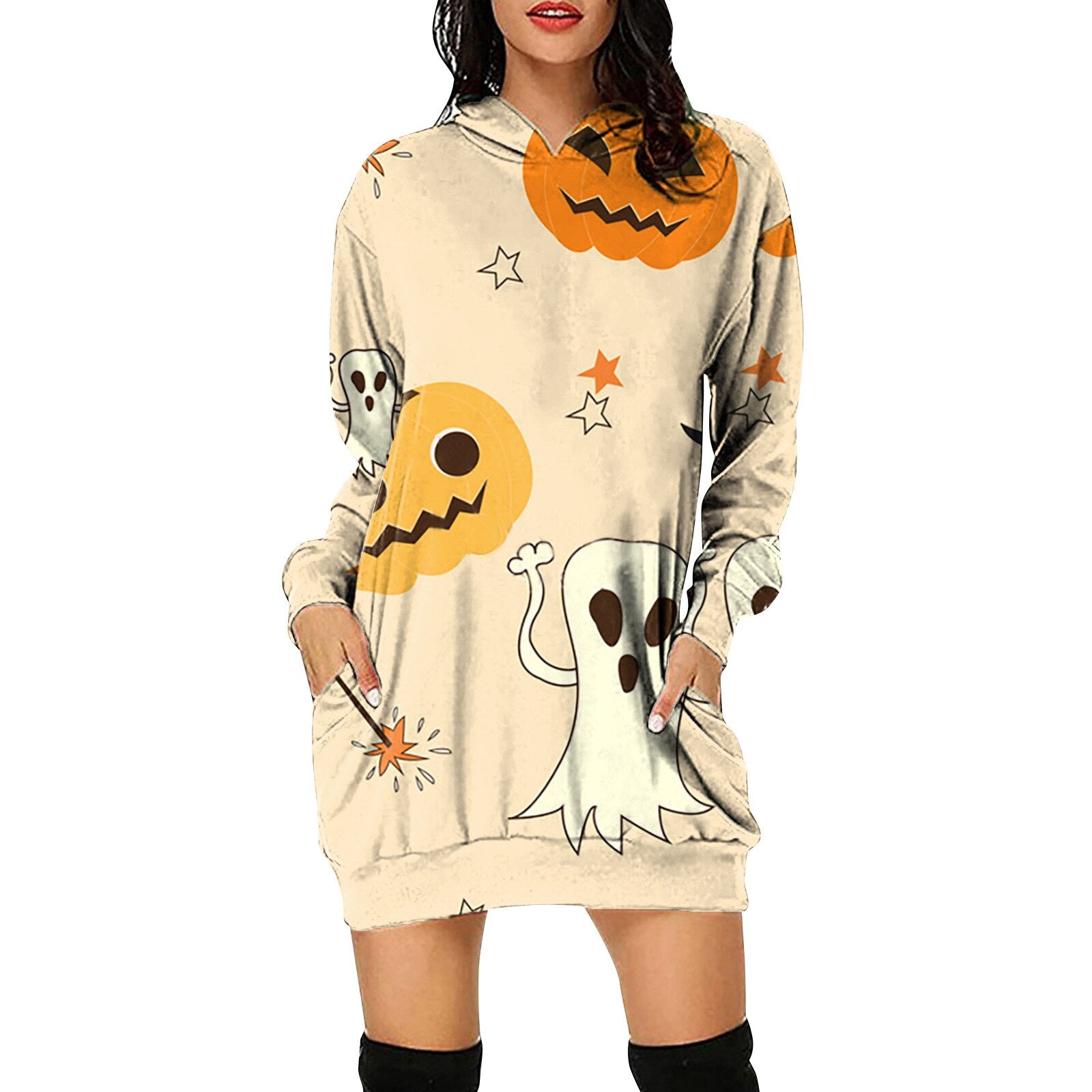 Women's Halloween Pumpkin Printed Sweater Hooded Long Sleeve Dress Sweatshirt Female Women Autumn Spring Casual Hoodies Clothes P06