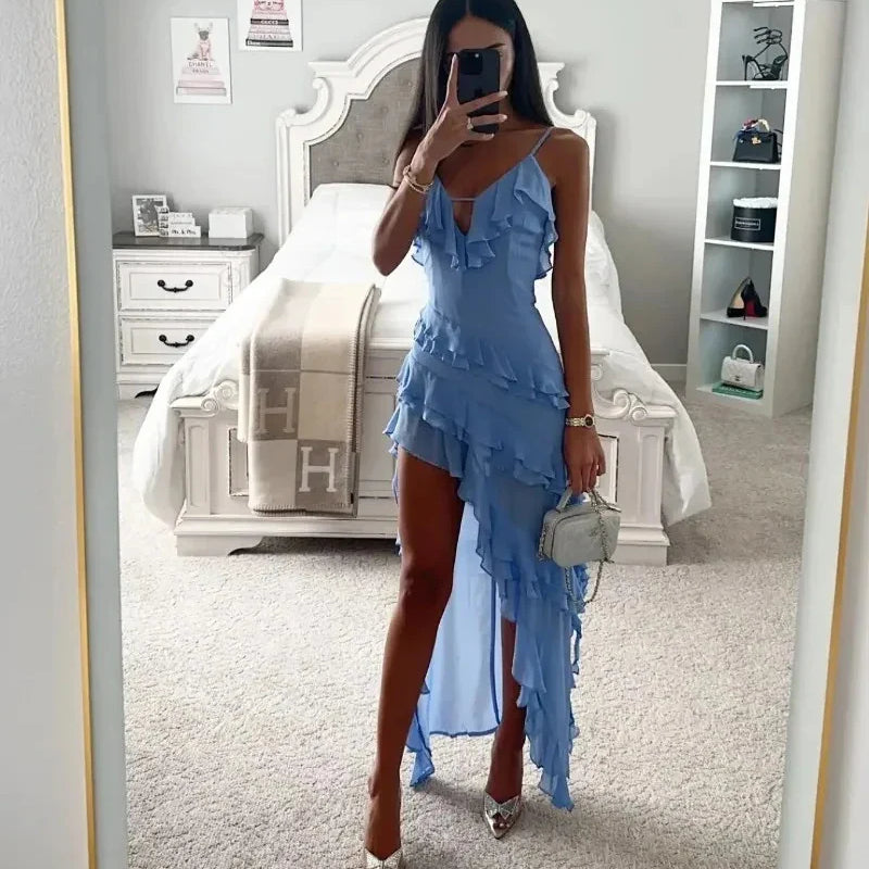 Holiday Maxi Midi Ruffles Beach Dress New Fashion Solid Color A-line Midi Dress Summer Sexy Strap Irregular Dress Sky Blue