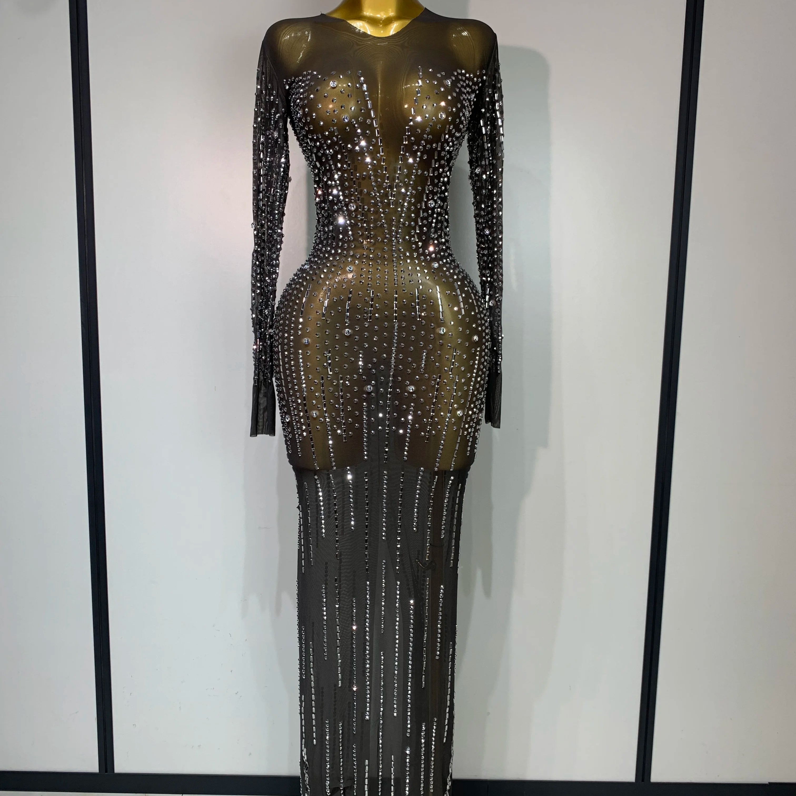 Women Sexy Long Sleeve Mesh See Through Dress 2025 Elegant Evening Party Luxury Birthday Club Rhinestone Performance Costume black
