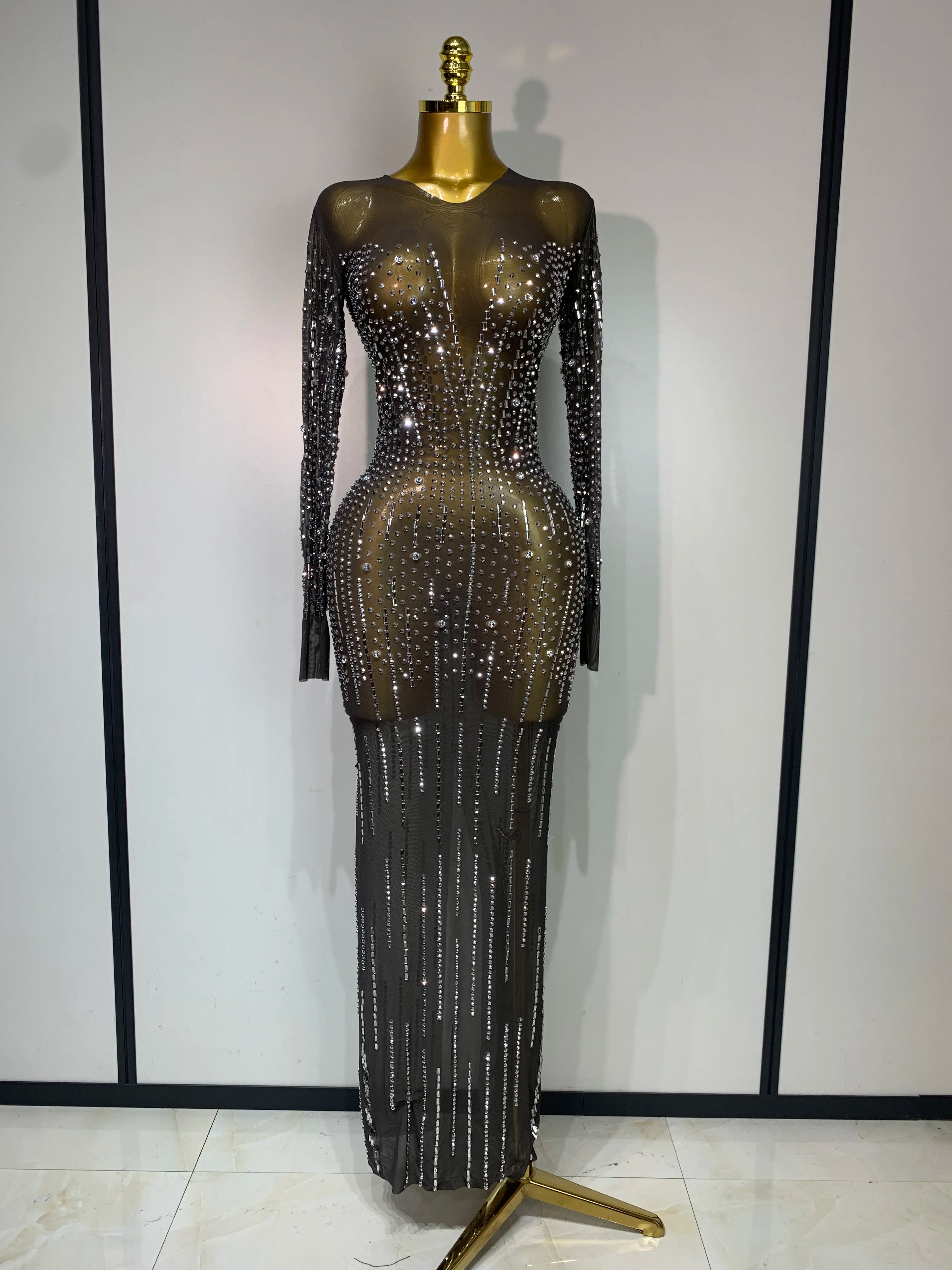 Women Sexy Long Sleeve Mesh See Through Dress 2025 Elegant Evening Party Luxury Birthday Club Rhinestone Performance Costume black