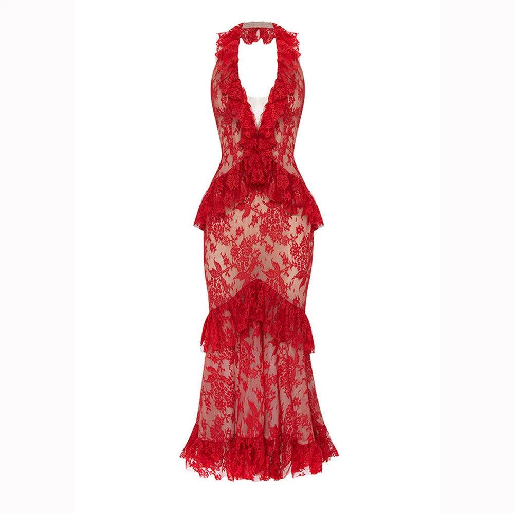 Sexy Lace Midi Halter Dress Women Red Ruffle Backless Sleeveless Party Dresses 2025 Summer Lady Vacation Robes New Red