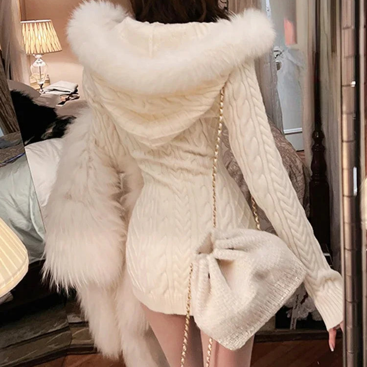 2023 Winter Knitted Sweater Dress with Hooded Women Slim Bodycon Y2k Mini Dress Faux Fur Female One Piece Dress Korean Elegant Beige Dress