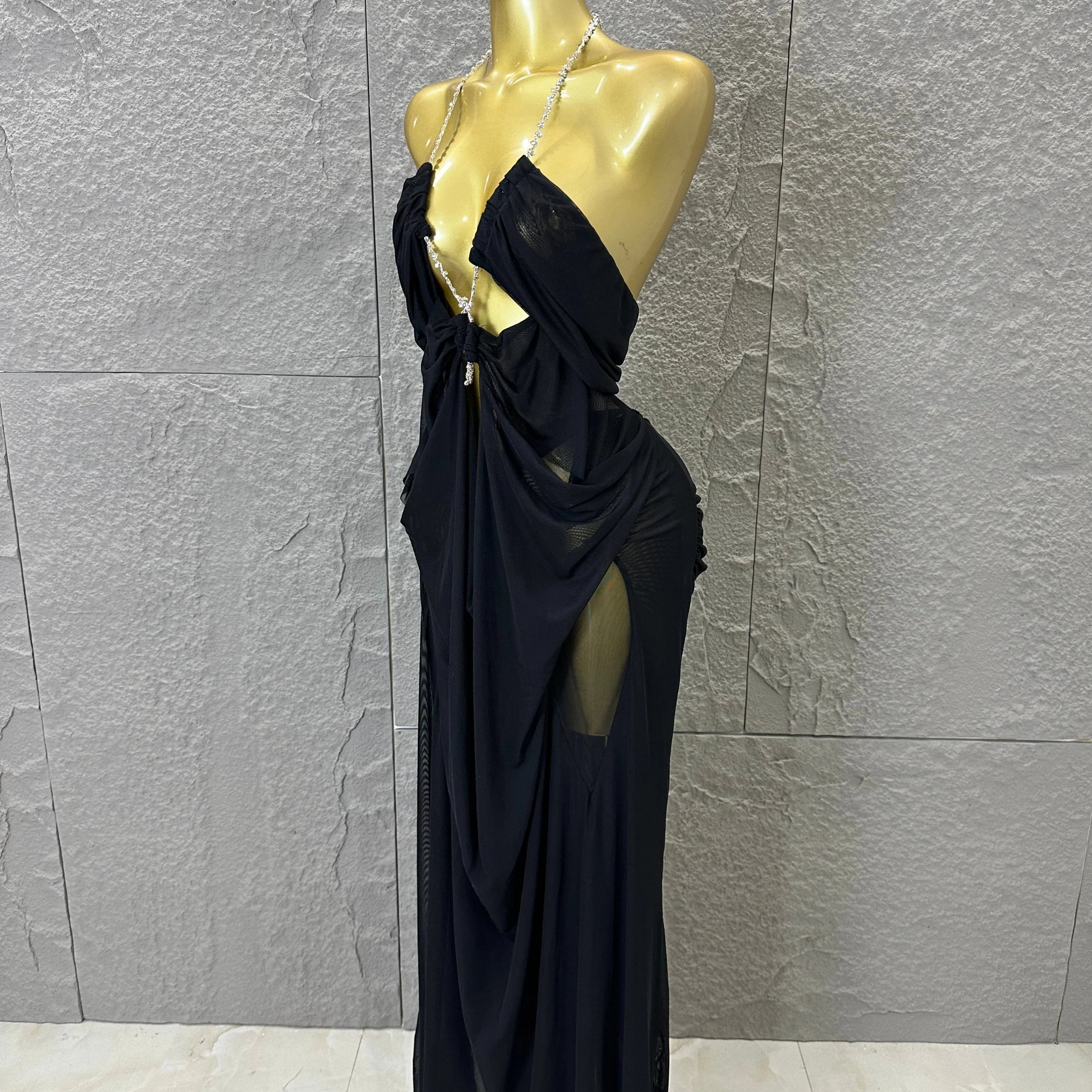 Sexy Halter Neck Maxi Dress Crystal Chain Cutout Ruched Women Sheer Mesh Form Outfit Glamorous Evening Gala Party Costume