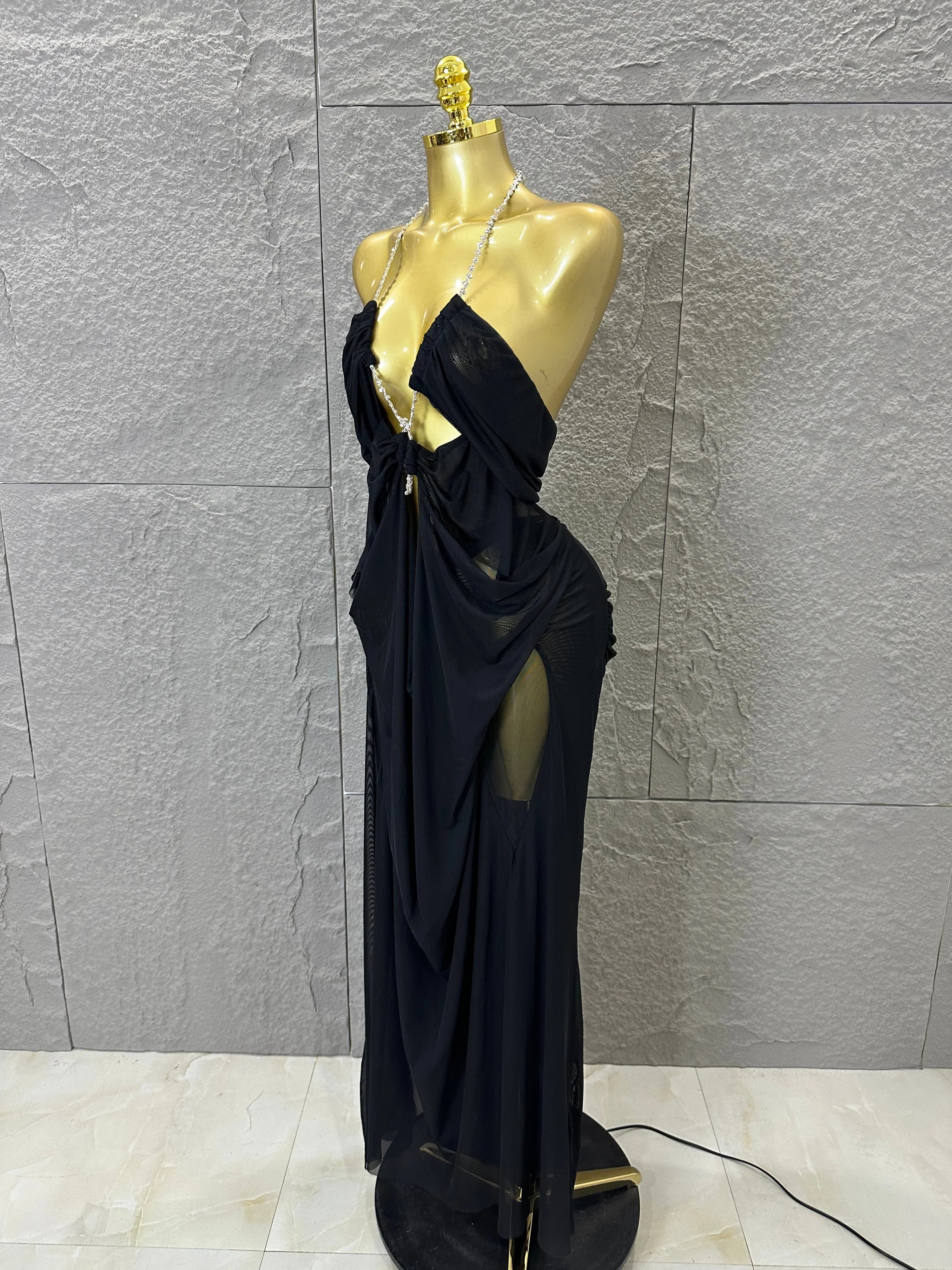 Sexy Halter Neck Maxi Dress Crystal Chain Cutout Ruched Women Sheer Mesh Form Outfit Glamorous Evening Gala Party Costume