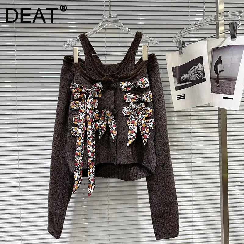 Winter New Fashion Colorful Floral Bow Tie Halter Neck Knitted Sweater For Women Versatile Pullover Female 11A07685
