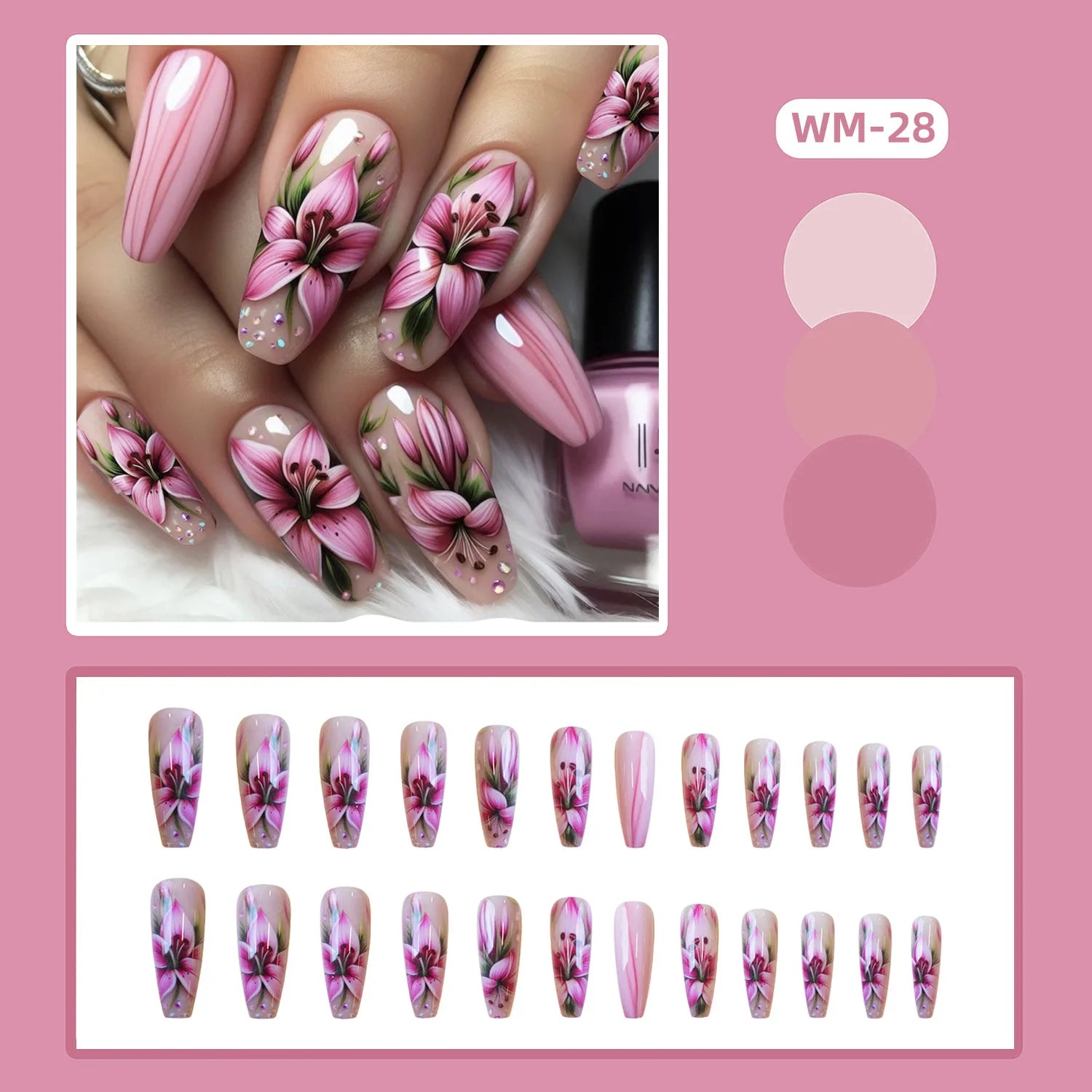 24pcs Classical Flowers Press on Nails Watercolor Butterflys Flowers Print False Nails Wearable Spicy Girls Fake Nails for Women 8