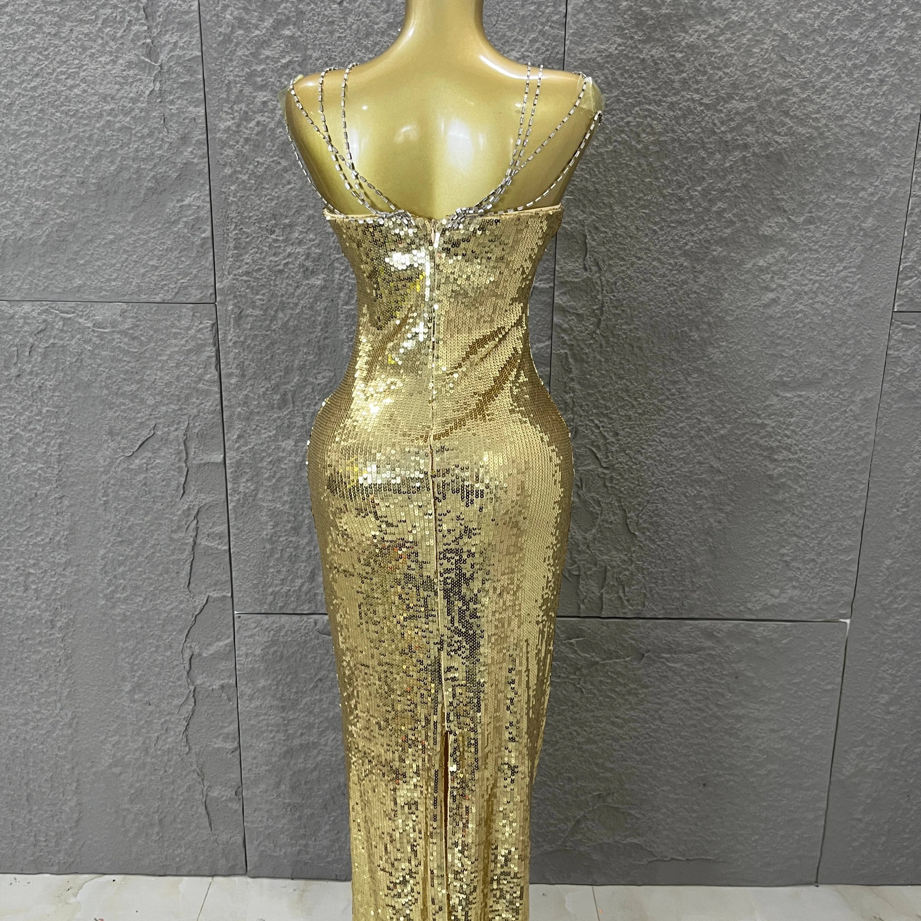 Classic Gold Sequin Mermaid Dress Rhinestone Chain Shoulder Straps Sweetheart Neck Formal Evening Gala Photoshoot Cocktail Party