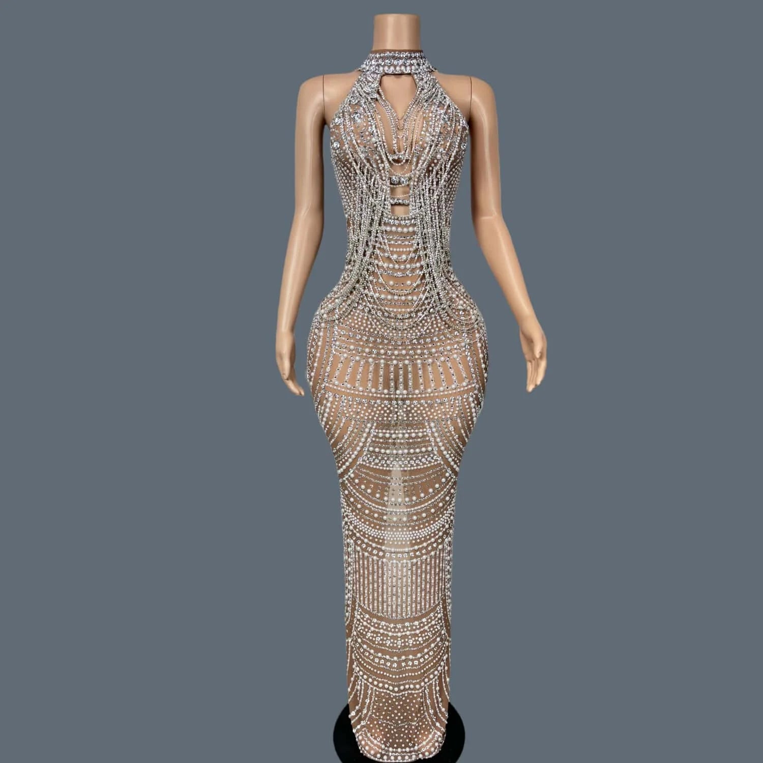 Luxury Couture Rhinestone Elegant Evening Dress Women Birthday Celebrate Party Gown Sexy Mesh See Through Photo Shoot Dress Miwu Silver