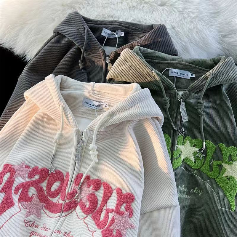Sudaderas con capucha bordadas con letras para mujer, sudaderas holgadas con cremallera Vintage para otoño e invierno, chaqueta de manga larga Harajuku Y2K