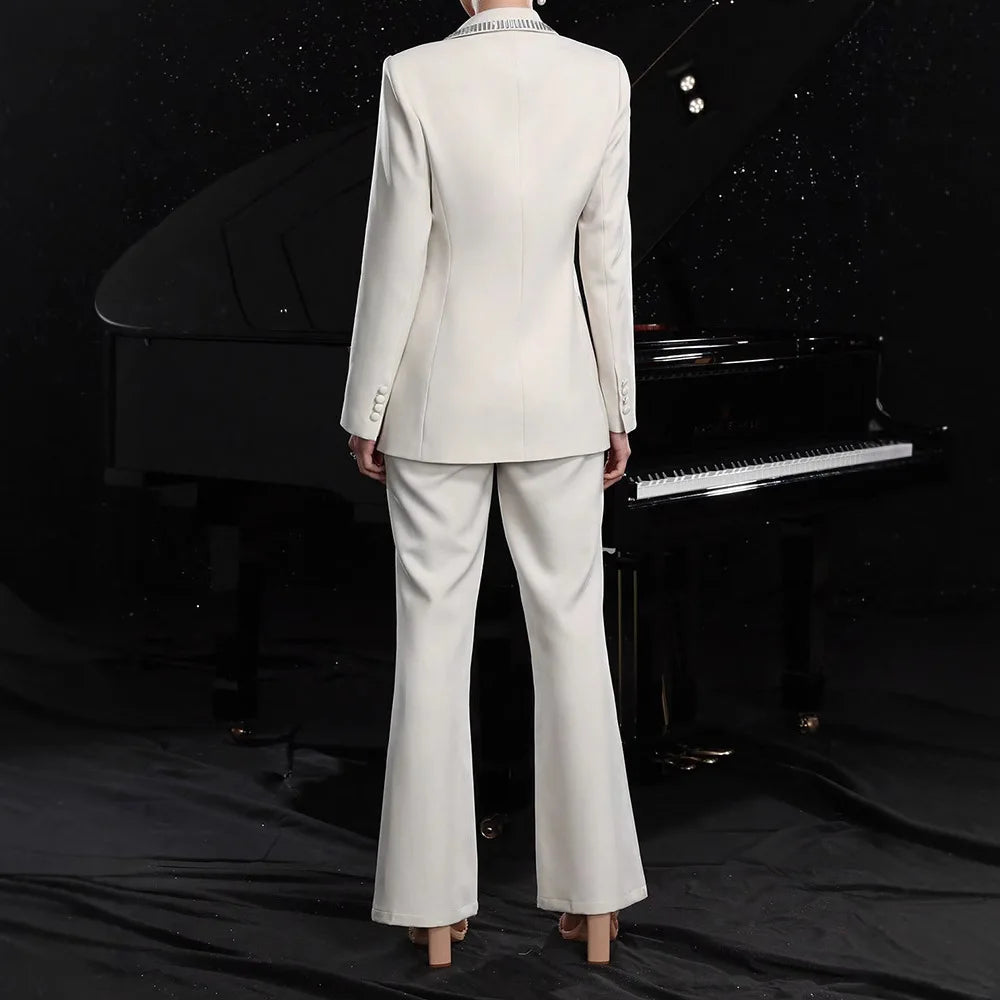 Solid Hollow Out Elegant Two Piece Sets for Women Lapel Long Sleeves Spliced Hot Fix Top High Waist Pant Set Female