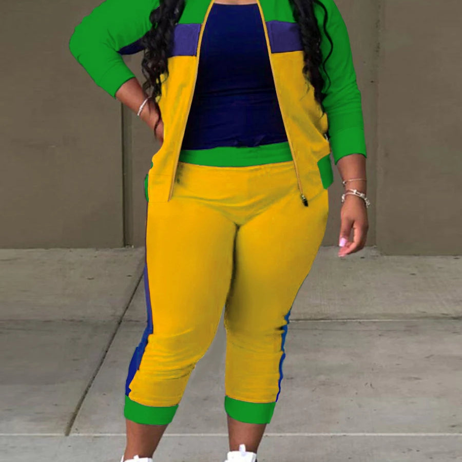 LW Plus Size Zipper Design Patchwork Pants Set Women Color Block Mandarin Collar Tracksuits Long Sleeve Two Pieces Outfits MULTI