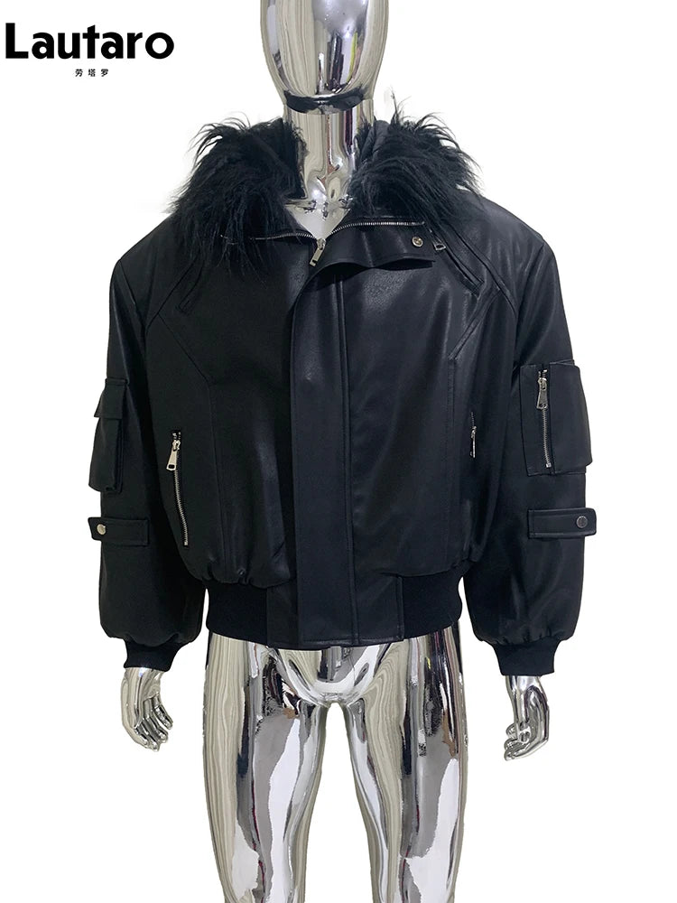Mauroicardi Autumn Winter Short Oversized Black Warm Pu Leather Jacket Men with Faux Fur Trim Hood Loose Casual Korean Fashion
