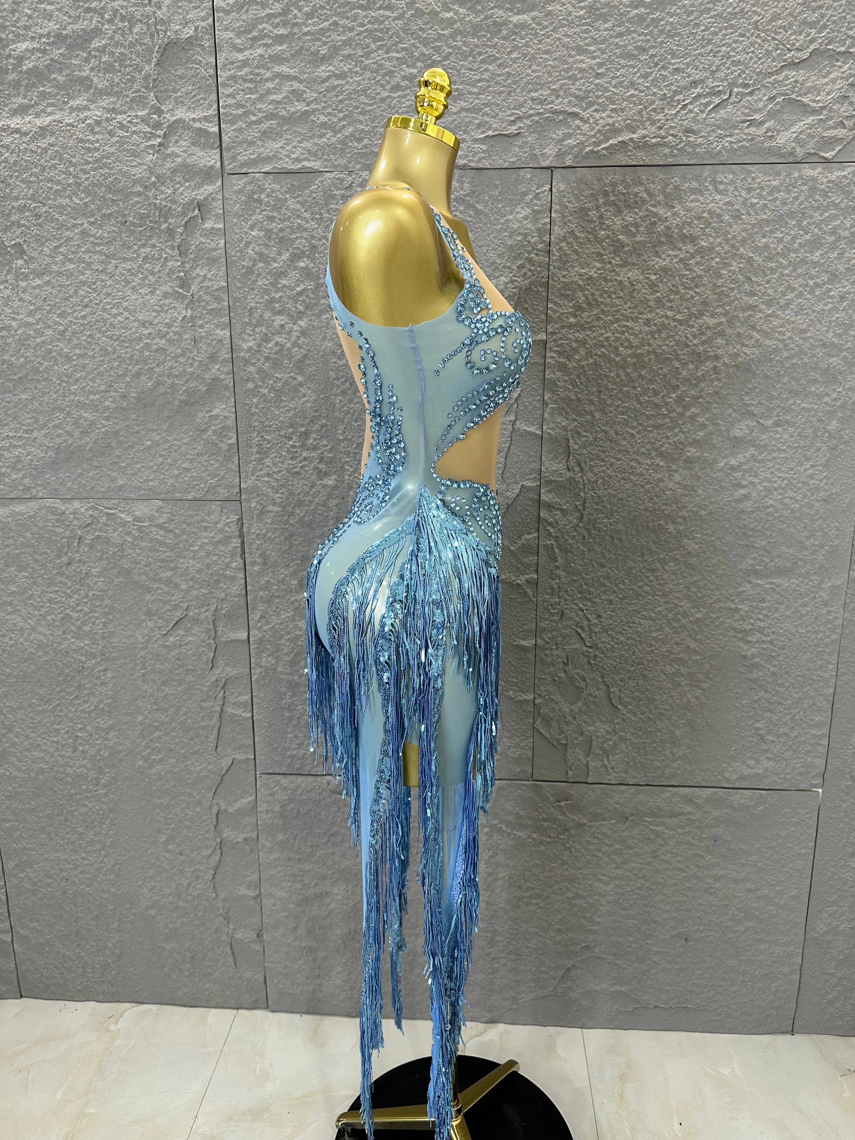 Refined Blue Spaghetti Strap Mini Dress Women Sheer Mesh Rhinestone Fringe Embellished Latin Dance Performance Costume