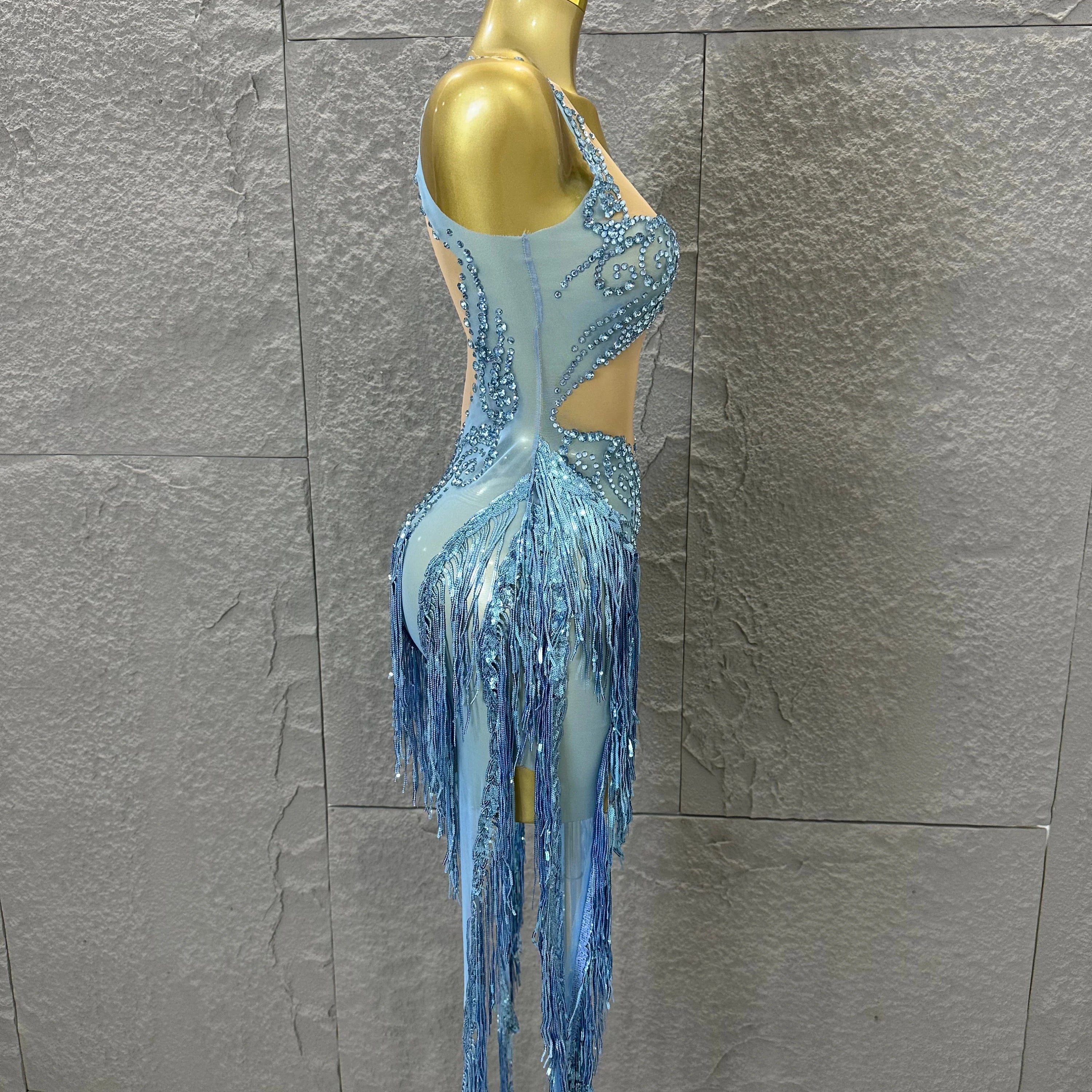 Refined Blue Spaghetti Strap Mini Dress Women Sheer Mesh Rhinestone Fringe Embellished Latin Dance Performance Costume