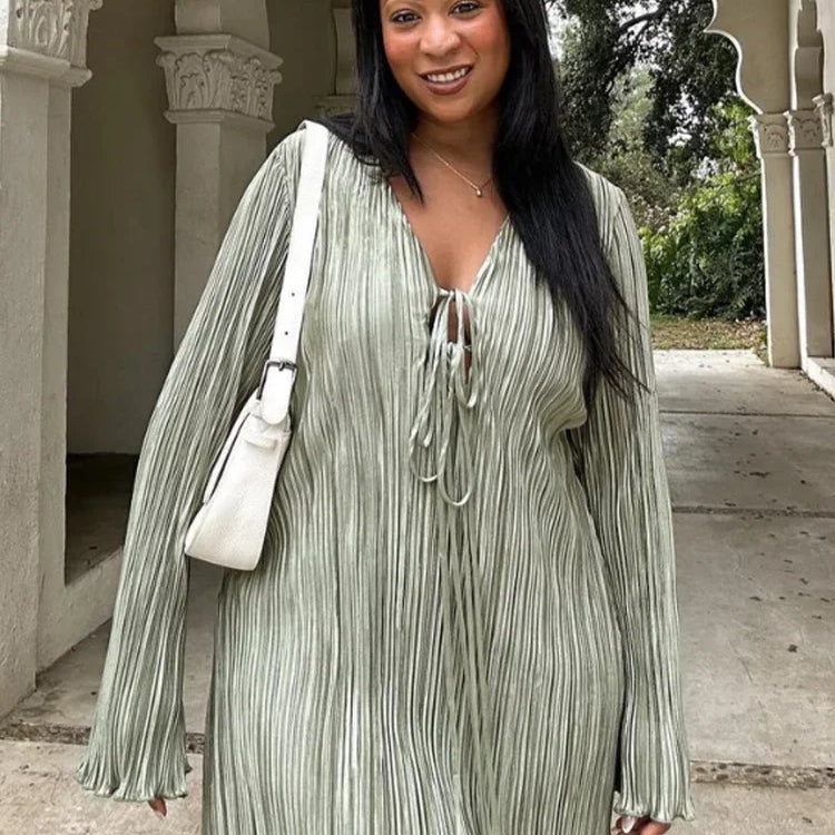 Long Sleeve Women V-neck Pleated Dress Casual Streetwear Plus Size Mini Dresses 2024 Autumn Slim Party Casual