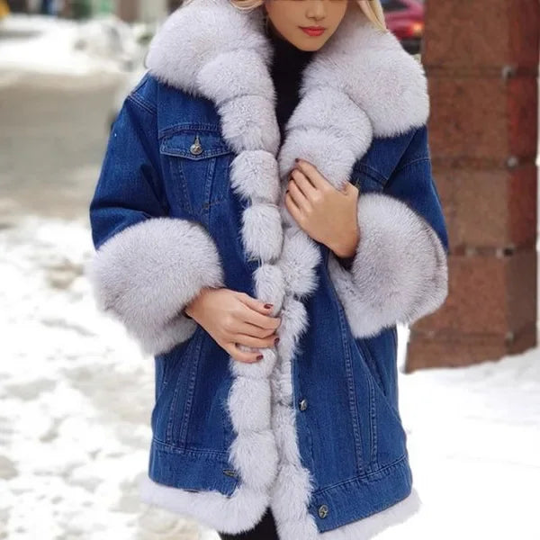 Lazada Best Selling Women's Long Sleeve Faux Fur Leather Denim Jacket Wish Top Brand Chinese Origin Mixed Fur Coat