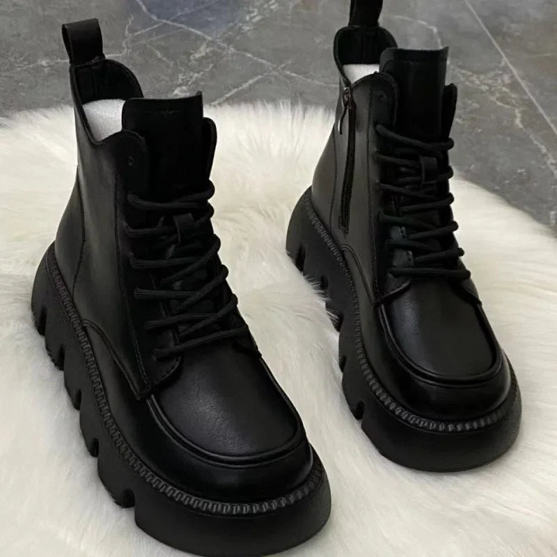 Platform Short Shoes for Women with Laces Footwear Punk Booties Black Combat Lace-up Female Ankle Boots Round Toe Leather Boot