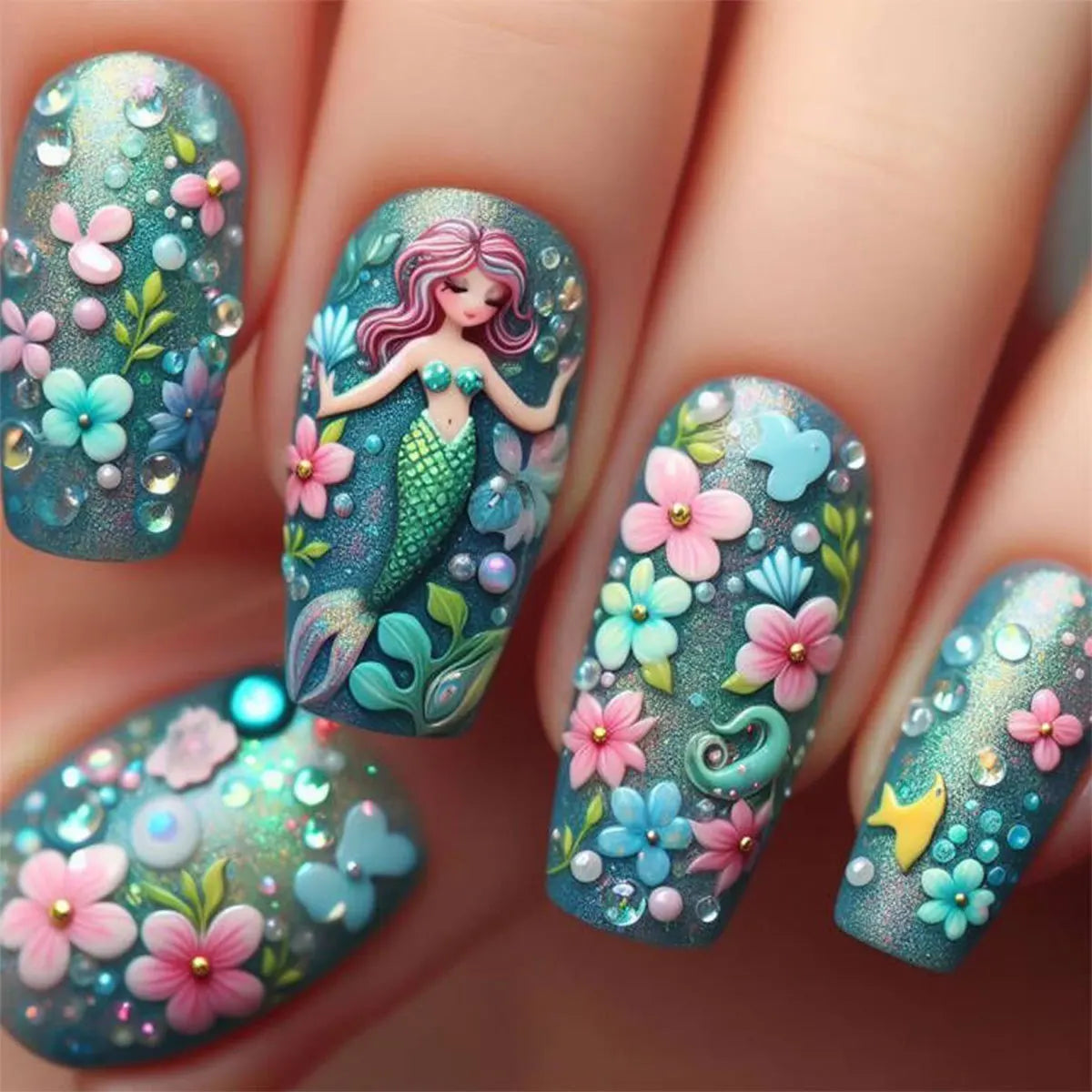 24pcs/set Medium long fake nails square ballet tips flowers butterfly for spring summer season blue green press on false nail 2176