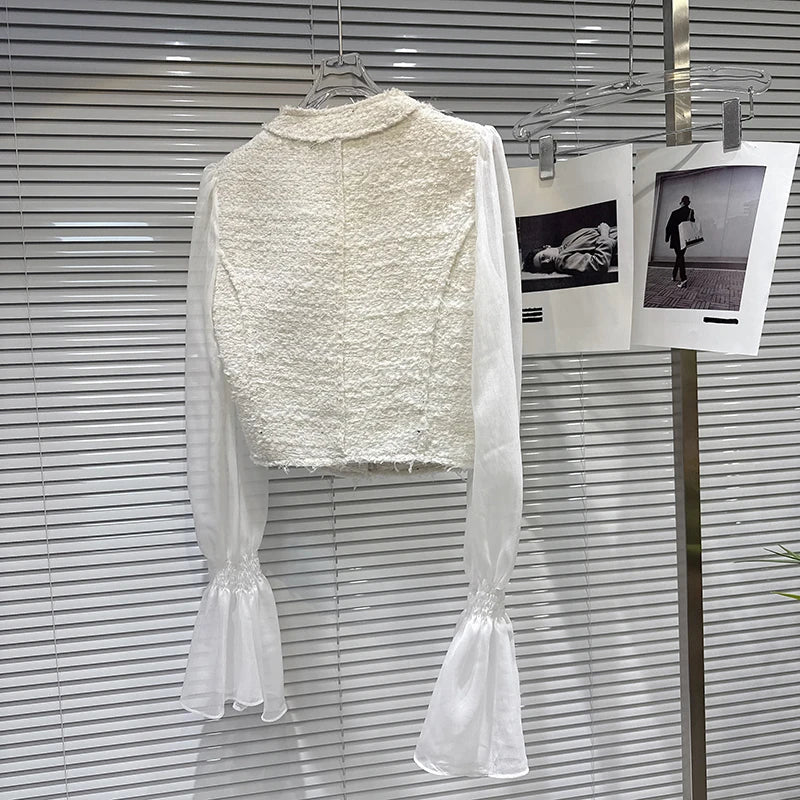 Autumn New Fashion Tweed Mesh Sleeve Short Jacket For Women High Elastic Waist Cake Skirt Female Trend 11A07728