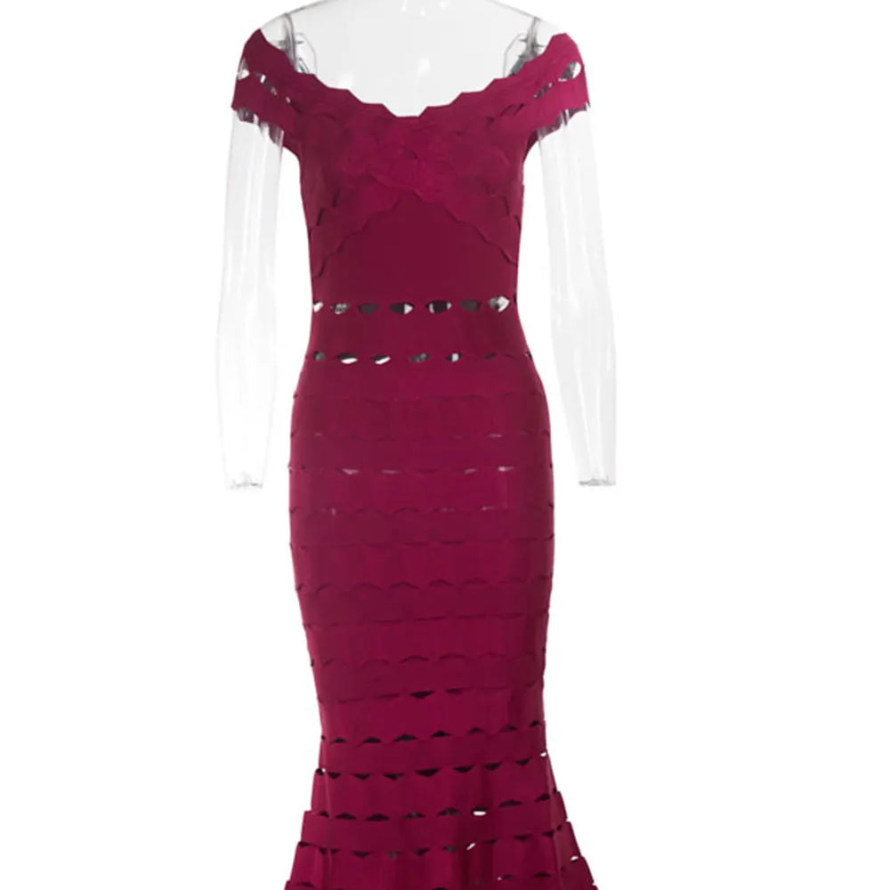 2025 Spring Sexy Women Hollow Cut Design Bandage Dress with One Collar Shoulders Bodycon Backless Midi Dress Club Party Vestidos Claret