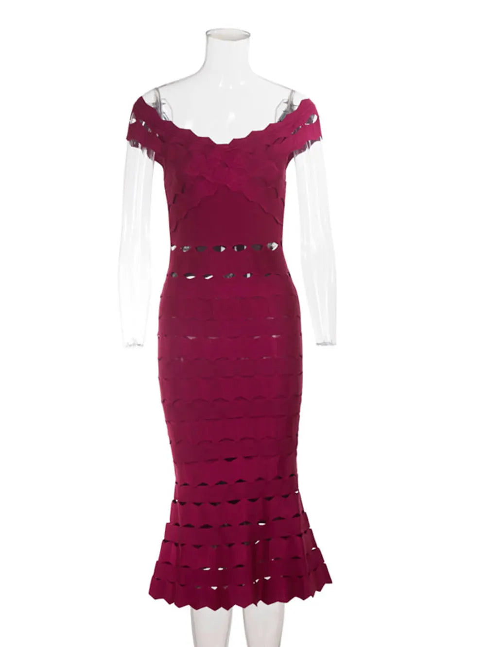 2025 Spring Sexy Women Hollow Cut Design Bandage Dress with One Collar Shoulders Bodycon Backless Midi Dress Club Party Vestidos Claret
