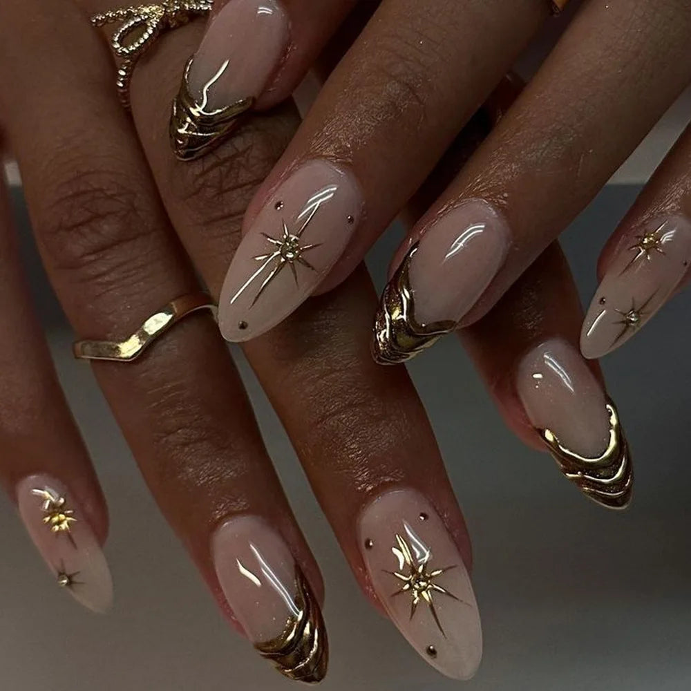 24Pcs 3D Golden French False Nails with Glue Wearable Round Head Press on Fake Nails Tips Almond Reusable Manicure for Women 074