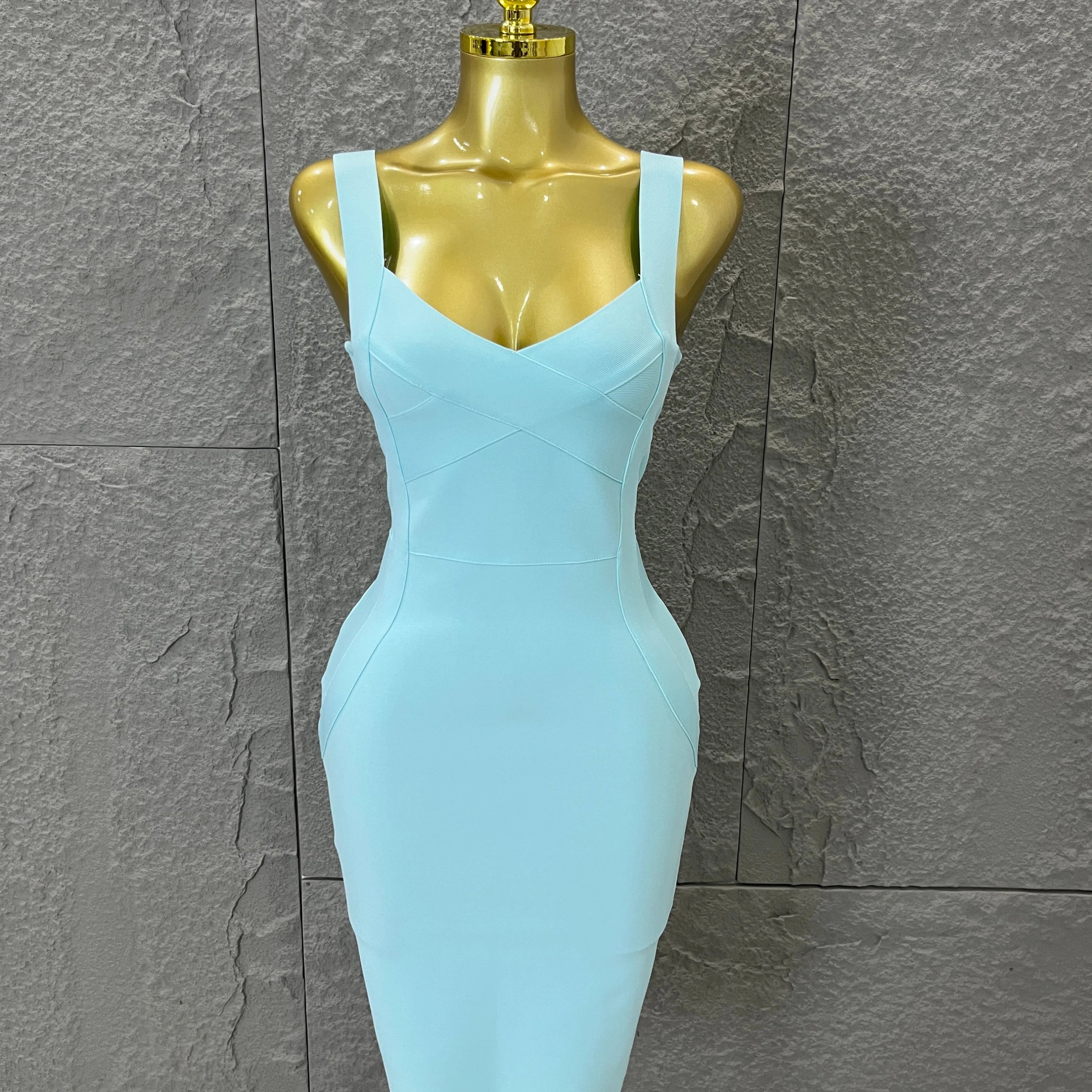 Elegant Sweetheart Neck Bandage Dress Crisscross Bust Slim Fit Midi Evening Banquet Formal Dinner Wedding Guest Cocktail Outfit SKY BLUE