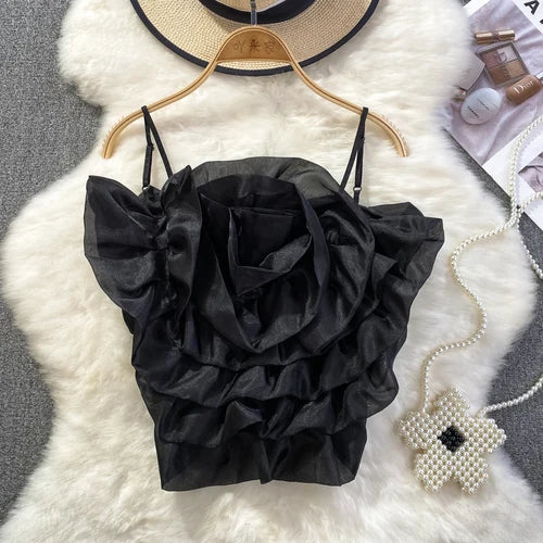 Chic Vintage Backless Corset Bustier Three-dimensional Flower Tank Top Korean Fashion Summer Beach Women Sling Crop Top Black One Size