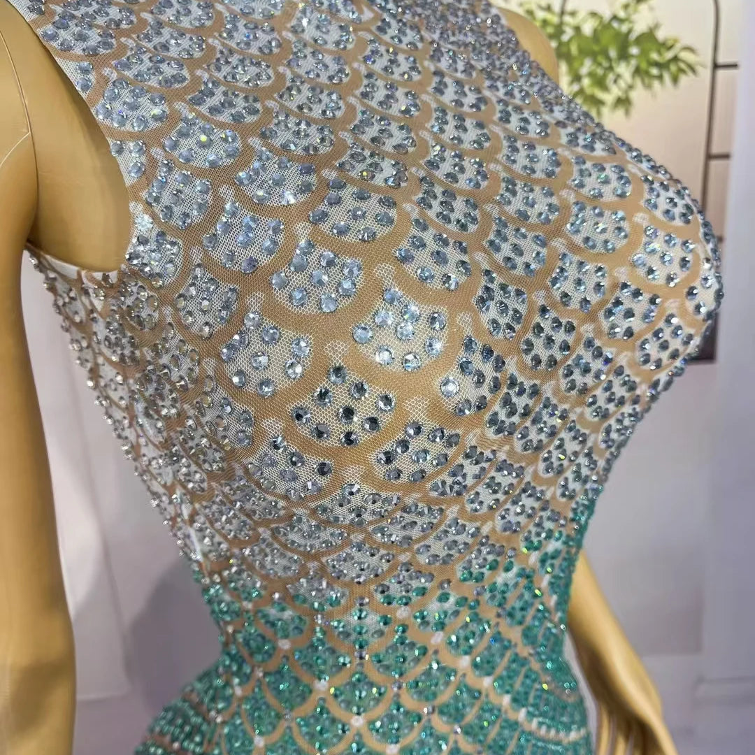 Trendy Gradient Sparkling Crystal Sheer Mesh Long Dress Sexy High-end Skinny Evening Dress Birthday Night Party Outfit Qingshe