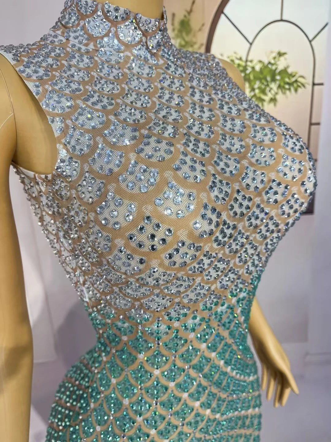 Trendy Gradient Sparkling Crystal Sheer Mesh Long Dress Sexy High-end Skinny Evening Dress Birthday Night Party Outfit Qingshe