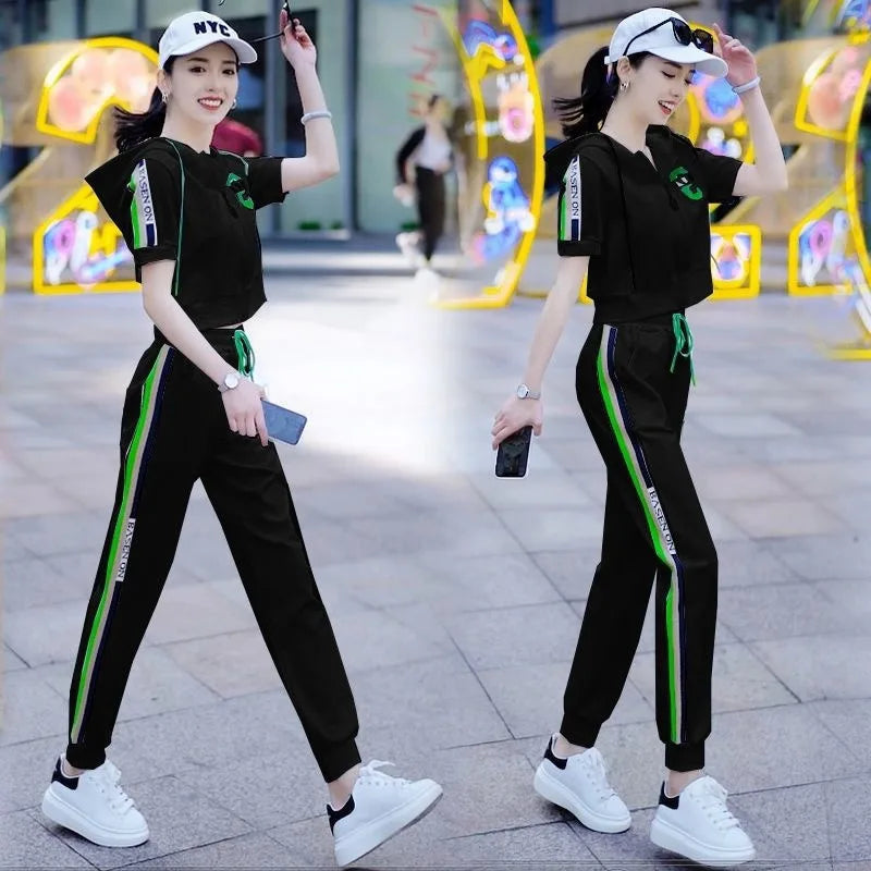 Women's 4XL Plus Size Clothing Spring And Autumn New Casual Fashion Suit Short Sleeve Hooded Tops Pants Two Piece Sets For Women Style A Black