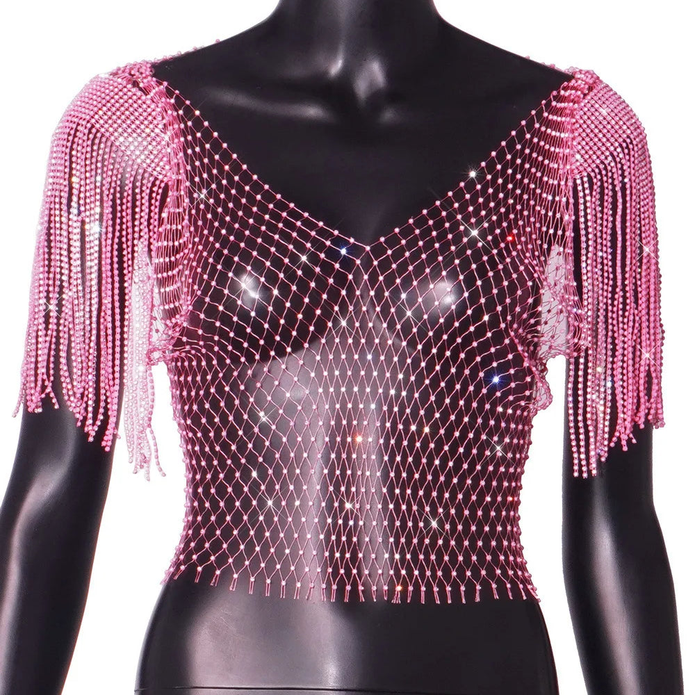 Women's Sexy V-neck Rhinestone Short Crop Top Blink Crystal Tassel Fringe Shoulder Decor Diamond Fishnet Shirt Pink