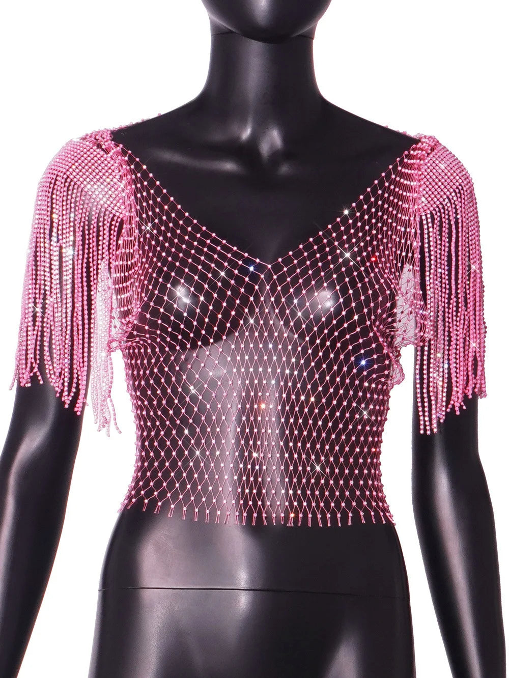 Women's Sexy V-neck Rhinestone Short Crop Top Blink Crystal Tassel Fringe Shoulder Decor Diamond Fishnet Shirt Pink