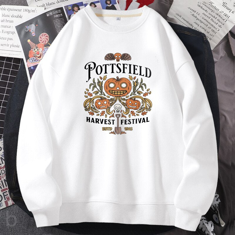 Pottsfield Harvest Festival Sweatshirts Woman Autumn Harvest Vegetables Fall Graphic Hoodie Pullover Halloween Goth Clothing white