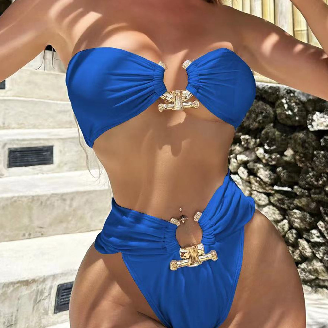 Sexy High Waist Bandeau Bikini Push Up Swimwear - Swimsuit Female Two Pieces Beachwear Metal Accessories Bathing Suits Blue
