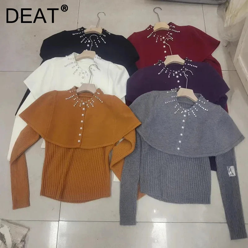 Autumn Winter Beaded Shawl Knitted Sweater For Women Slim Fit Inner Wear Layered Elegant Two-Piece Set 11A07563