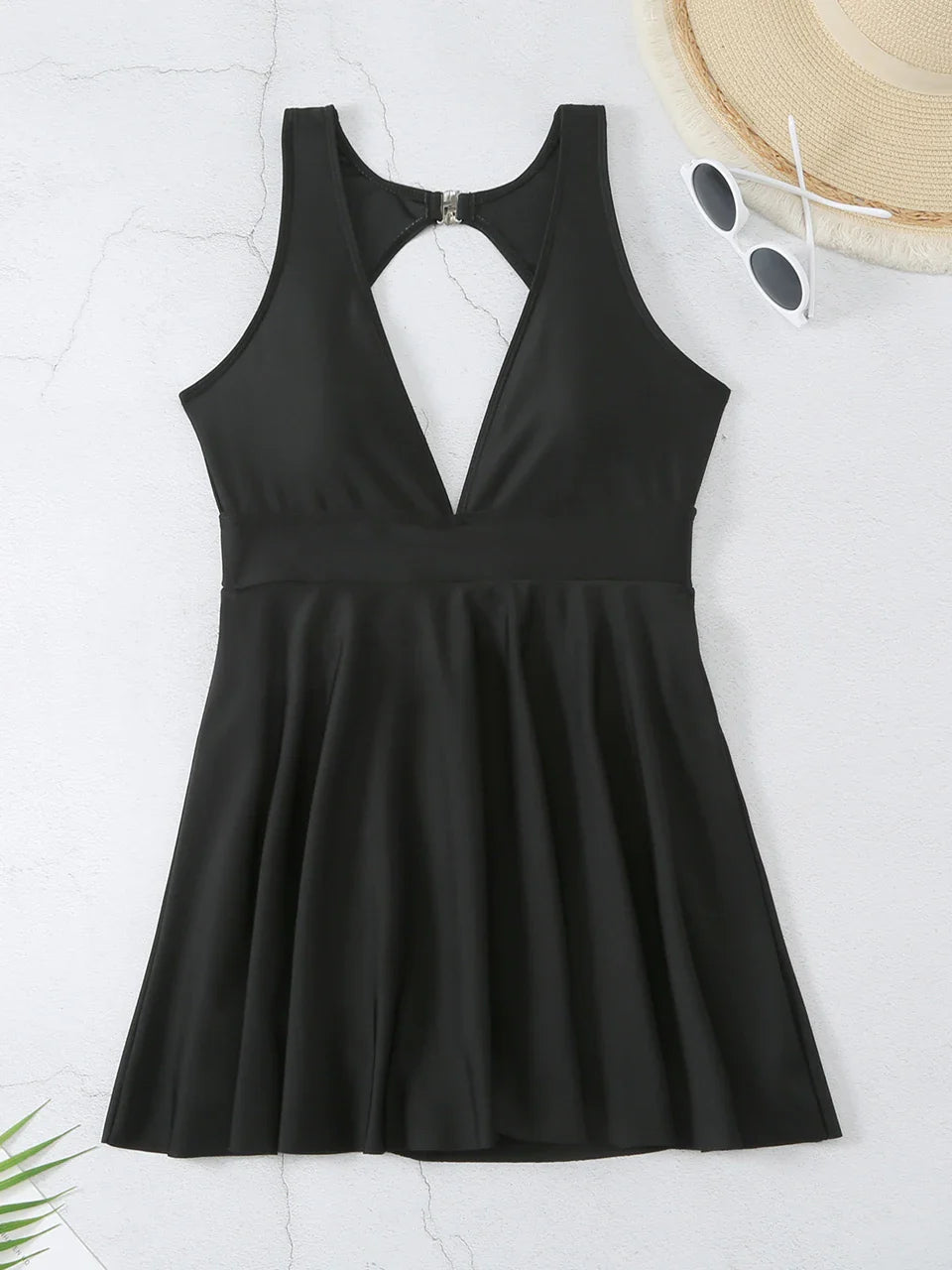 Deep V Neck Swimsuit Women One Piece Backless Swimwear Solid Beach Skirt Summer Female Bathers Bathing Swimming Bodysuit s1Black