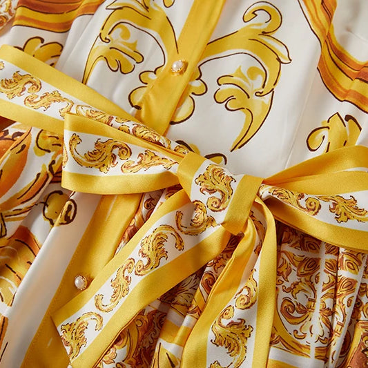 Summer Holiday Yellow Paisley Print Shirt Dresses Women's Turn Down Neck Short Sleeve Belt High Waist Beach Party Vestidos