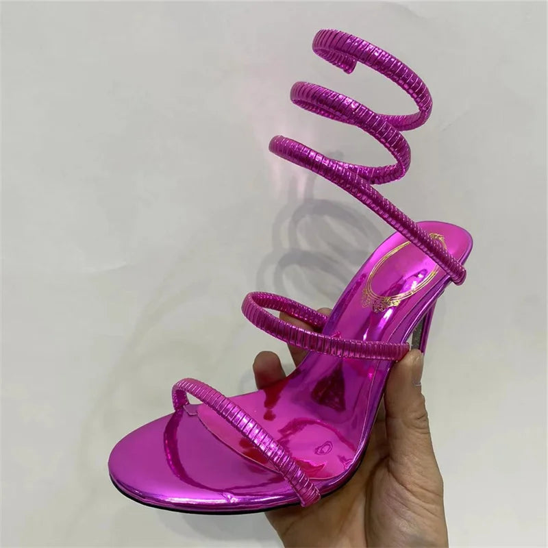 Snake Strap High Heel Sandals Women Summer 2024 Ankle Strap Banquet Party Shoes Narrow Band High Heels Ladies Gladiator Sandals PURPLE