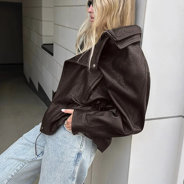 2025 Women Faux Leather Jacket Zipper Stand Collar Long Sleeve Loose Coat Fashion Autumn Winter Lady Thick Warm Outwear