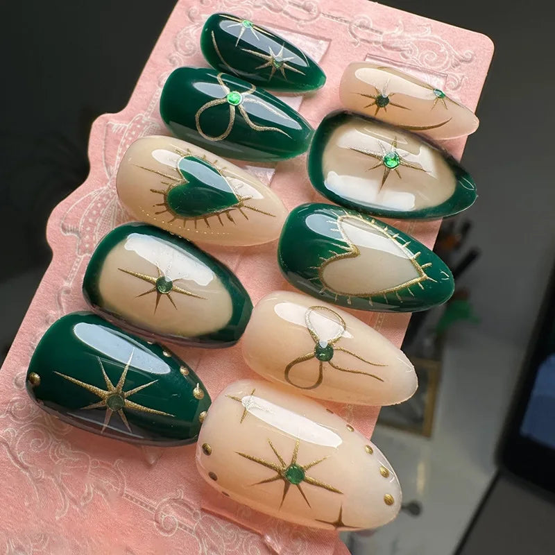 24Pcs 3D Green Ripple Design False Nails Cat's Eye French Almond Fake Nail Tips Leaves Pattern Removable Oval Press on Nails 1030
