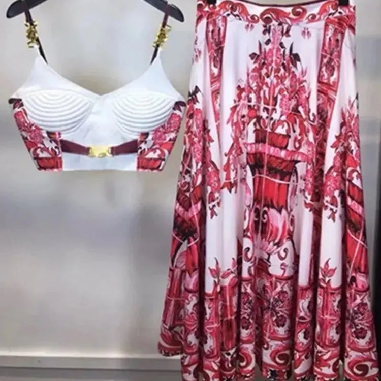 Summer Holiday Blue And White Porcelain Two Piece Set Women's Spaghetti Strap Padded Cup Zipper Print Short Top+Long Skirt Suits