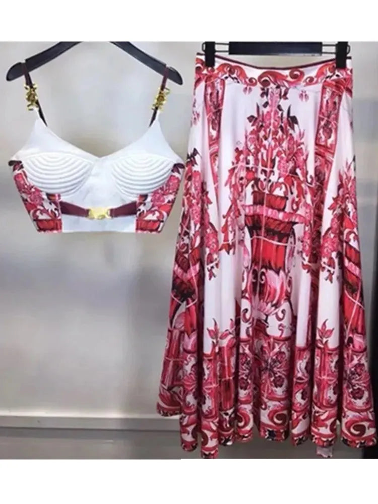 Summer Holiday Blue And White Porcelain Two Piece Set Women's Spaghetti Strap Padded Cup Zipper Print Short Top+Long Skirt Suits