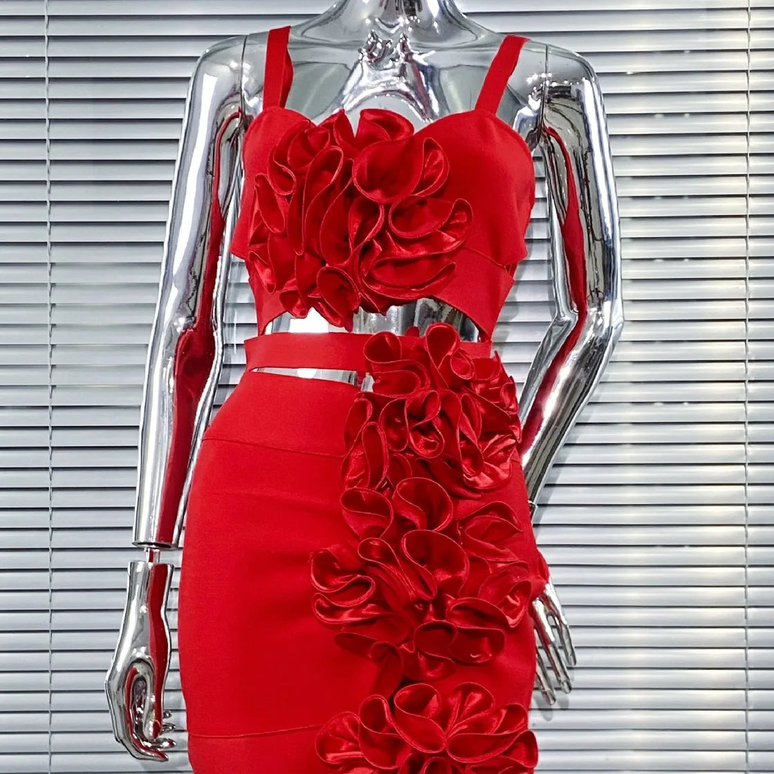 Red Color Women Sleeveless Sexy Strap Florals Bodycon Mini Bandage Dress Nightclub Party Celebrate Outfit Vestido Red