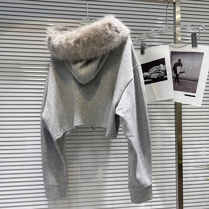 Winter New Fashionable Big Fur Collar Drawstring Sweatshirt Lace Waist Mermaid Skirt Thickened Set For Women 11A07480