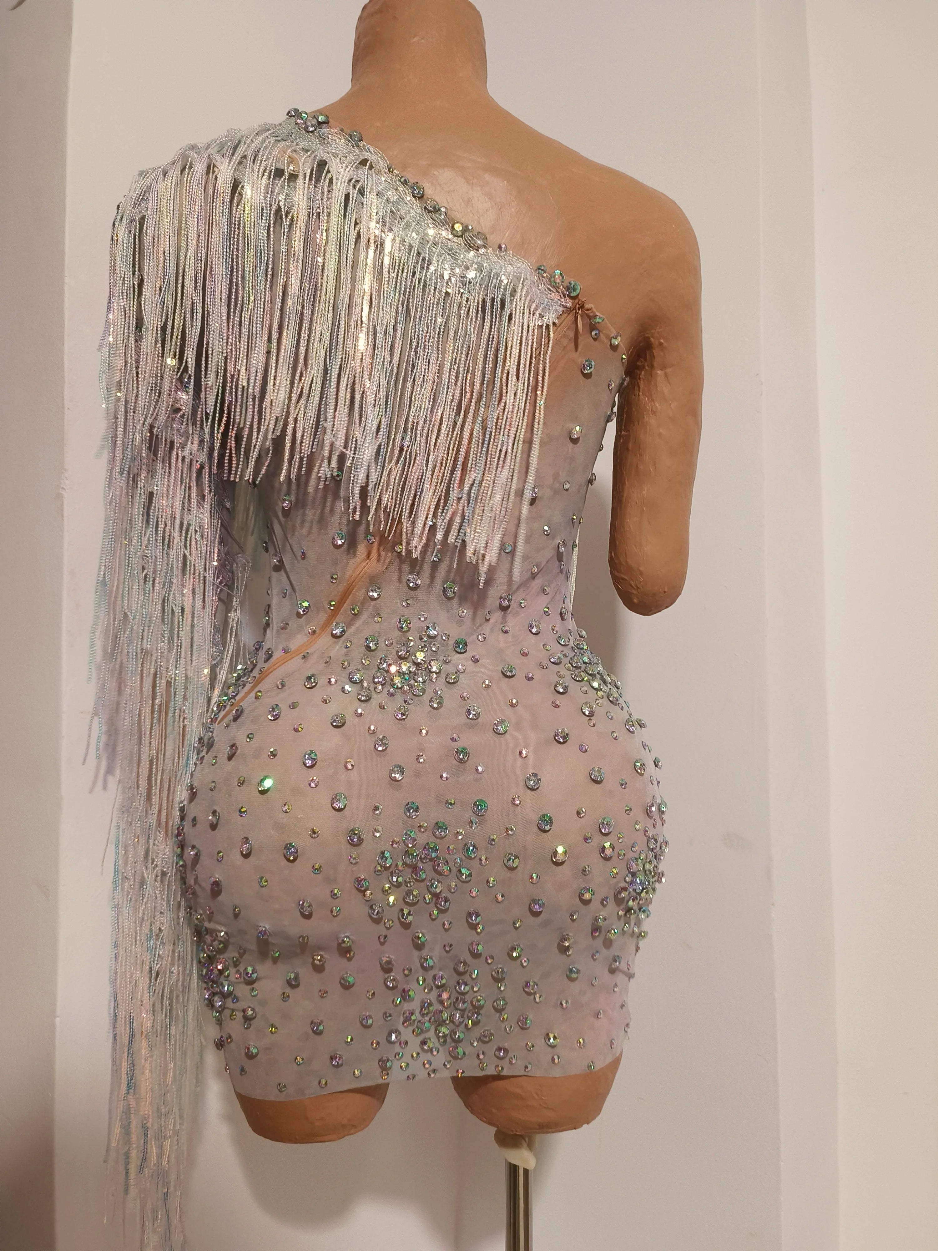 Glamorous Nude Sheer Mesh Dress Women Long Sleeve Flowy Rhinestone Fringe Embellished Nightclub Party Dance Performance Outfit