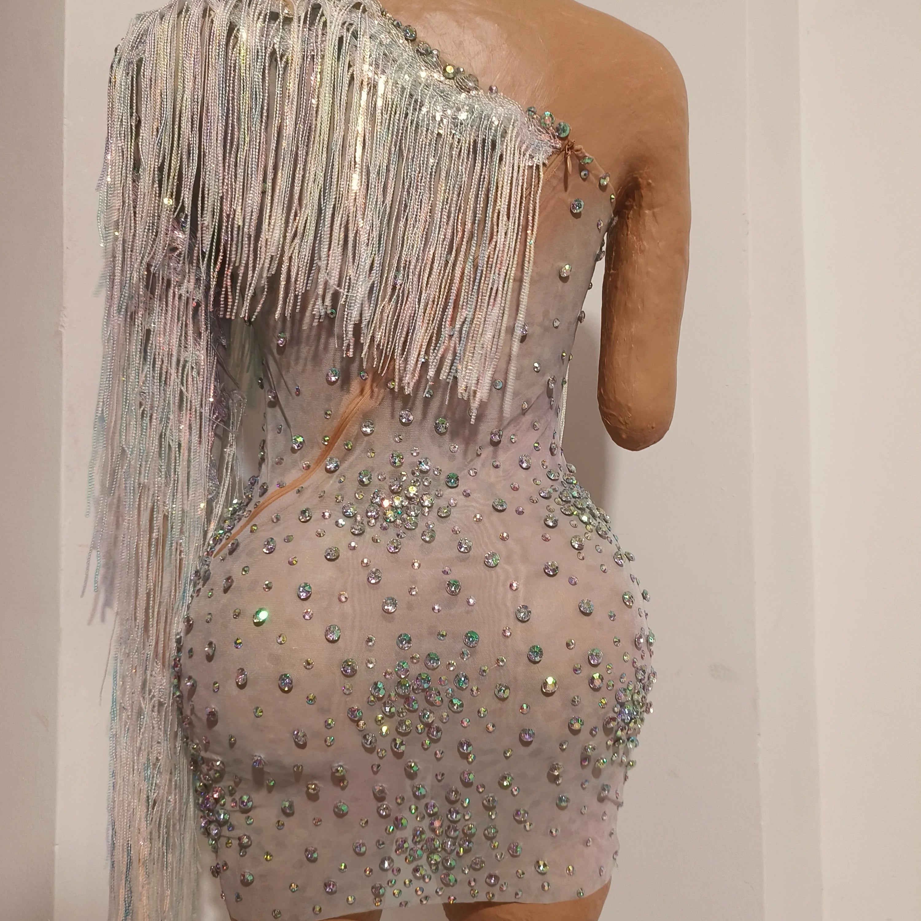 Glamorous Nude Sheer Mesh Dress Women Long Sleeve AB Rhinestone Fringe Embellished Nightclub Party Dance Performance Outfit